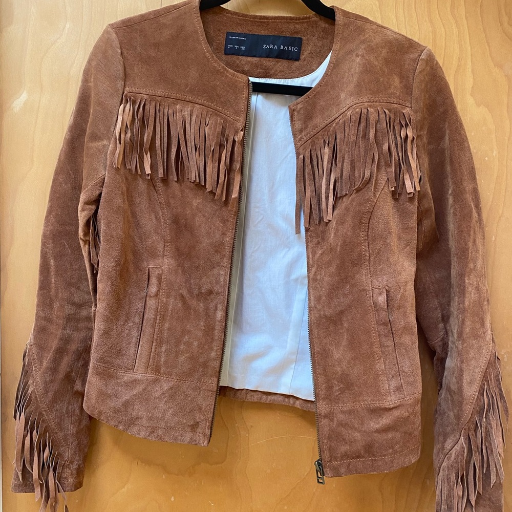 Zara Basic Genuine Leather Cowgirl Fringe Jacket